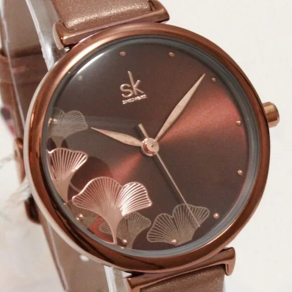 Ladies Casual Watch Ginkgo Biloba Design Dial Coffee Colored Strap 32mm - Picture 8 of 11